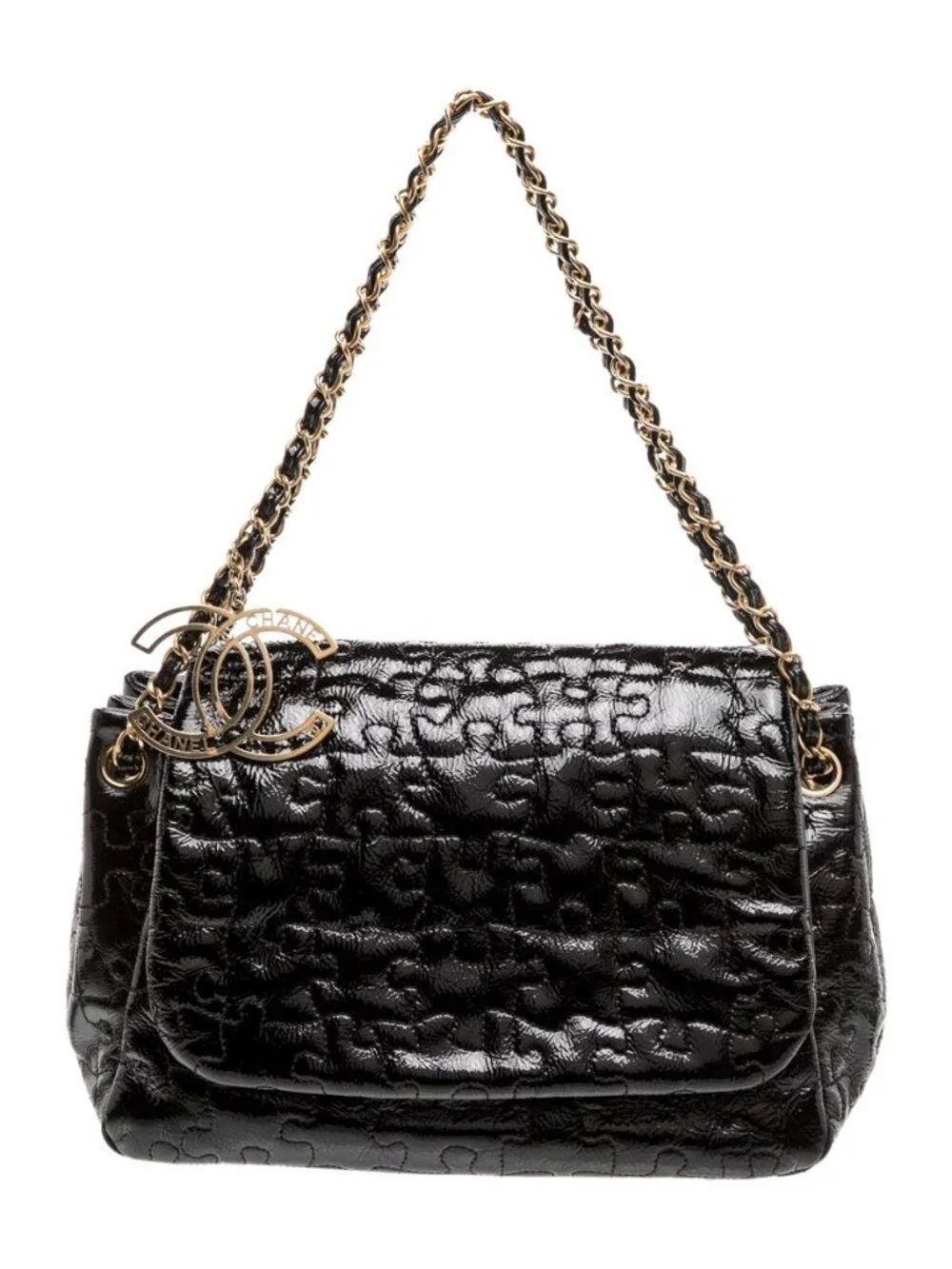 Chanel Vintage Puzzle Accordion Black Patent Leather Flap Bag